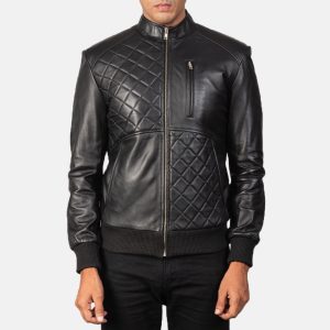 Men's Black Leather Bomber Jacket