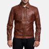 Distressed Brown Leather Bomber Jacket