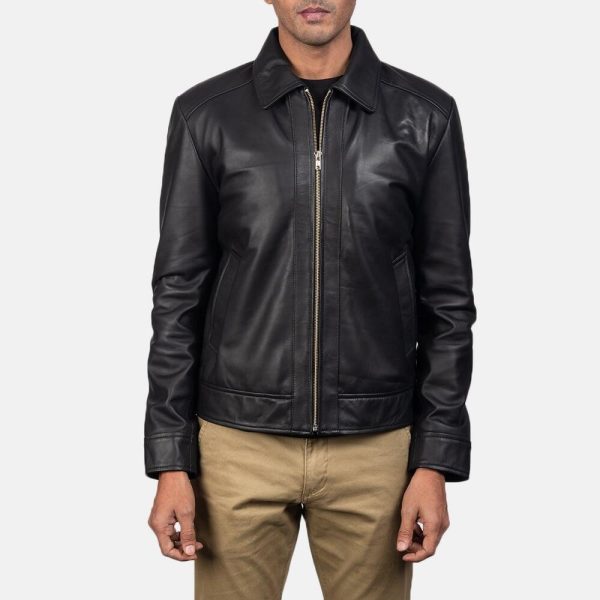 Men's Black Leather Jacket With Collar
