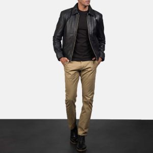 Men's Black Leather Jacket With Collar