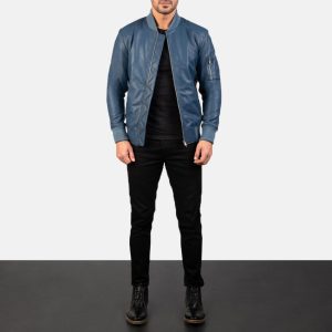 Blue Leather Bomber Jacket