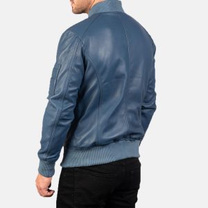 Blue Leather Bomber Jacket