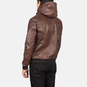 Brown Leather Hooded Bomber Jacket