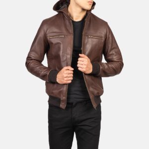 Brown Leather Hooded Bomber Jacket