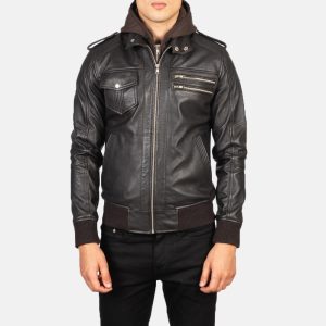 Leather Hooded Bomber Jacket