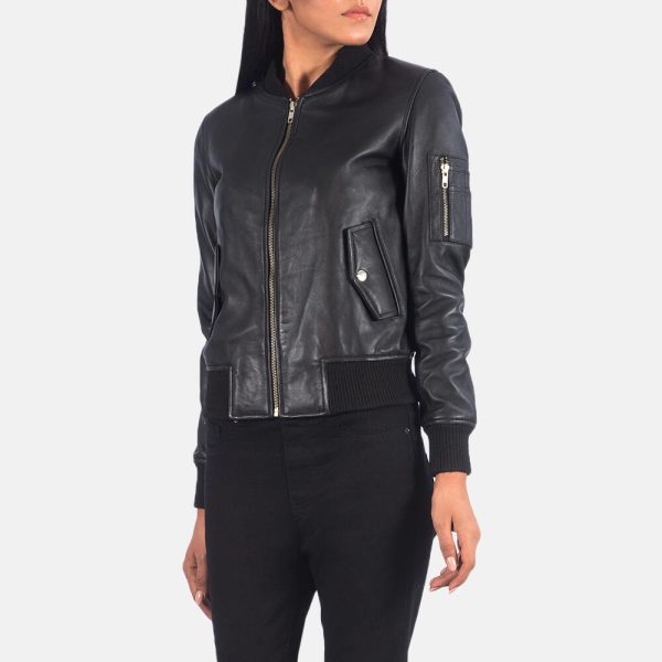Women's Black Leather Bomber Jacket